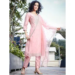Anouk Pink Ethnic Motifs Embroidered Notch-Neck Straight Kurta With Trouser & Dupatta-picture-40