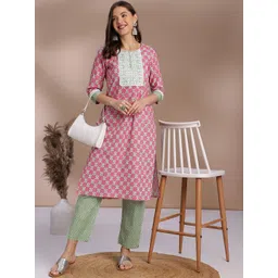 Anouk Pink Ethnic Motifs Printed Thread Work Pure Cotton Straight Kurta With Trouser-picture-41