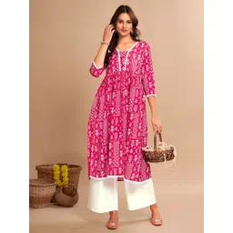 Anouk Pink Ethnic Motifs Printed V-Neck Regular Pure Cotton Kurta with Palazzos-picture-26