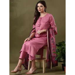 Anouk Pink Striped Embroidered Tie-Up Neck Straight Kurta With Trousers & Dupatta-picture-34