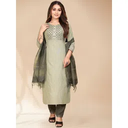 Anouk Pista Green Ethnic Motifs Yoke Design Sequinned Kurta with Trousers & Dupatta-picture-42