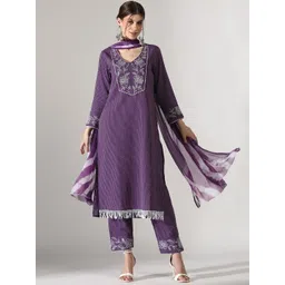 Anouk Purple Striped Kantha Work Detail Pure Cotton Straight Kurta & Trouser With Dupatta-picture-10