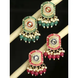 Anouk Set Of 2 Artificial Beaded & Kundan Studded Geometric Shaped Meenakari Drop Earrings-picture-24