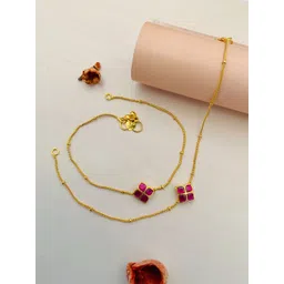 Anouk Set Of 2 Gold-Plated Kundan-Studded and Beaded Brass Anklet-image-0