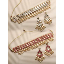 Anouk Set of 2 Maroon Gold Plated Kundan Studded & Beaded Jewellery Set-image-9