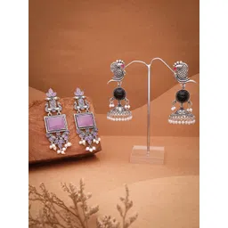 Anouk Set Of 2 Silver-Plated Artificial Stones and Beaded Contemporary Drop Earrings-picture-15
