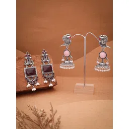 Anouk Set Of 2 Silver-Plated Artificial Stones and Beaded Contemporary Drop Earrings-picture-36