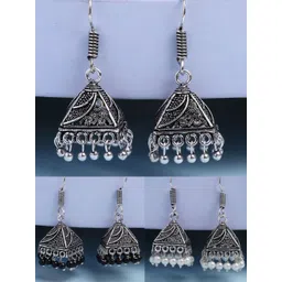 Anouk Set Of 3 German Silver Plated Artificial Beaded Oxidised Dome Shaped Jhumkas-picture-31