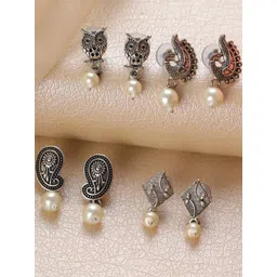 Anouk Set Of 4 Silver-Plated Alloy Artificial Stones and Beads Drop Earrings-picture-25