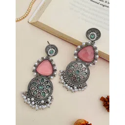 Anouk Silver-Plated Artificial Stones Studded And Beaded Circular Shaped Drop Earrings-picture-31