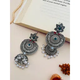 Anouk Silver Plated Artificial Stones Studded And Beaded Dome Shaped Oxidised Jhumkas-picture-33