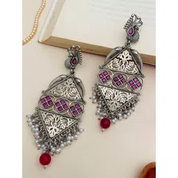 Anouk Silver Plated Artificial Stones Studded And Beaded Peacock Shaped Drop Earrings-picture-34