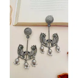 Anouk Silver-Plated Stones Studded And Beaded Peacock Shaped Oxidised Drop Earrings-picture-27