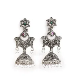 Anouk Silver-Toned Brass-Plated Stone-Studded & Beaded Floral Drop Earrings-picture-26