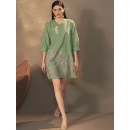 Anouk Solid Embroidered Puff Sleeves A-Line Above Knee Dress-image-7