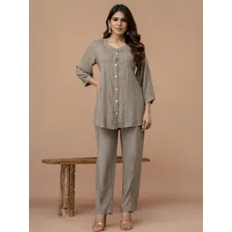 Anouk Solid Pleated Band Collar Straight Fit Co-ord Set-image-6