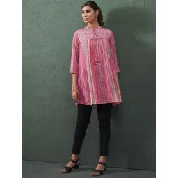 Anouk Striped Mandarin Collar Mirror Work A-Line Kurta-picture-37
