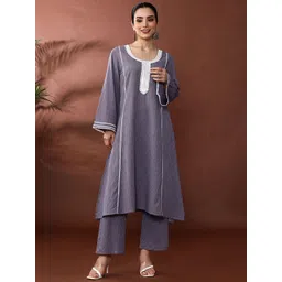 Anouk Striped Round Neck Panelled Mirror Work Pure Cotton Kurta With Trouser-picture-33