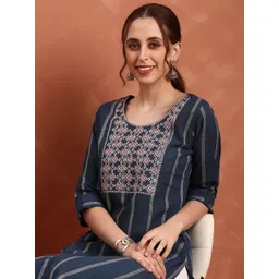 Anouk Striped Round Neck Thread Work Straight Pure Cotton Kurta-picture-34