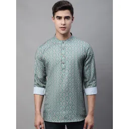 Anouk Teal & Red Ethnic Motif Printed Band Collar Short Kurta-picture-20