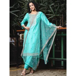 Anouk Teal Blue Ethnic Motifs Embroidered Round-Neck Straight Kurta With Trouser & Dupatta-picture-27