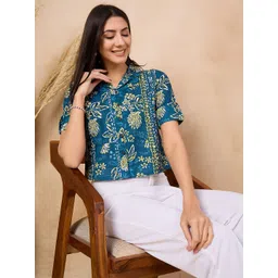 Anouk Teal Green Floral Printed Shirt Collar Cotton Shirt Style Top-picture-30