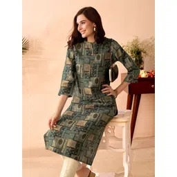 Anouk Tribal Printed Mandarin Collar Chanderi Silk Kurta image 3