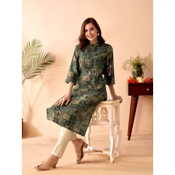 Anouk Tribal Printed Mandarin Collar Chanderi Silk Kurta image 4