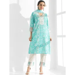 Anouk Turquoise Blue Floral Embroidered Pure Cotton Kurta With Trousers & Dupatta-picture-39