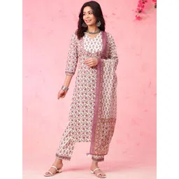 Anouk White Floral Printed V-Neck Pure Cotton Straight Kurta with Trousers & Dupatta image 1