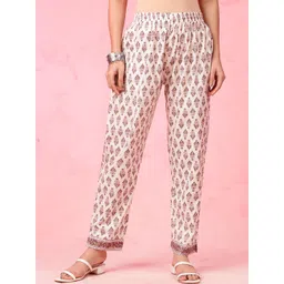 Anouk White Floral Printed V-Neck Pure Cotton Straight Kurta with Trousers & Dupatta image 5