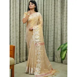 Anouk Women Beige & White Ethnic Motifs Tissue Saree-picture-18