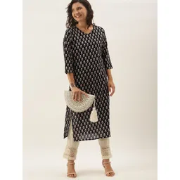 Anouk Women Black & Off White Floral Printed Kurta-picture-26