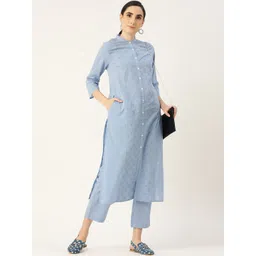 Anouk Women Blue Ethnic Motifs Embroidered Panelled Pure Cotton Kurta with Trousers-image-25