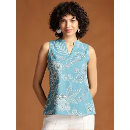 Anouk Women Blue Floral Print Mandarin Collar Cotton Top-picture-13