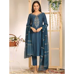 Anouk Women Embroidered Calf Length Regular Straight Kurta with Trousers & With Dupatta-picture-17