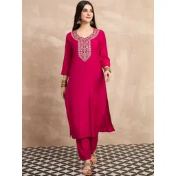 Anouk Women Ethnic Motifs Embroidered Regular Thread Work Chanderi Silk Kurta with Trousers & With Dupatta-image-18