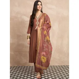 Anouk Women Ethnic Motifs Embroidered Regular Thread Work Chanderi Silk Kurta with Trousers & With Dupatta-image-3