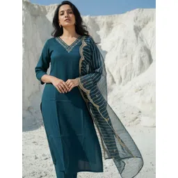 Anouk Women Ethnic Motifs Embroidered Regular Thread Work Kurta with Trousers & With Dupatta-image-30