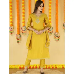 Anouk Women Ethnic Motifs Embroidered Regular Thread Work Raw Silk Kurta with Trousers & With Dupatta-image-36