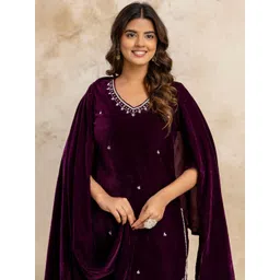 Anouk Women Ethnic Motifs Embroidered Regular Thread Work Velvet Kurta with Trousers & With Dupatta-image-1