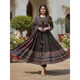 Anouk Women Ethnic Motifs Printed Panelled Thread Work Pure Cotton Kurta with Trousers & With Dupatta-image-35