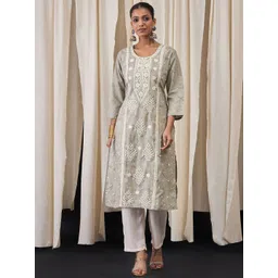 Anouk Women Floral Embroidered Round Neck Regular Straight Calf Length Thread Work Kurta-picture-11