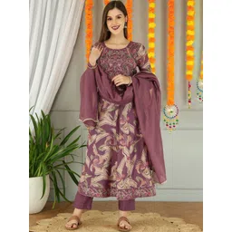 Anouk Women Floral Printed Pleated Thread Work Chanderi Silk Kurta with Trousers & With Dupatta-picture-29