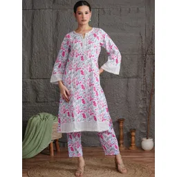 Anouk Women Floral Printed Regular Mirror Work Pure Cotton Kurta with Trousers-picture-28