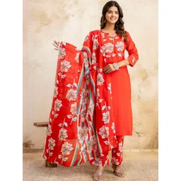 Anouk Women Floral Printed Regular Sequinned Pure Cotton Kurta with Palazzos & Dupatta-picture-13