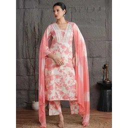 Anouk Women Floral Printed V-Neck & Mirror Work Cotton Straight Kurta Palazzo & Dupatta-picture-33