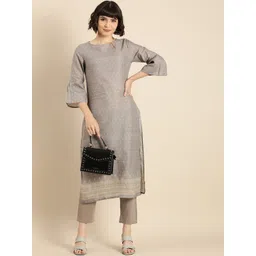 Anouk Women Grey Ethnic Motifs Printed Pure Cotton Kurta with Trousers-picture-17