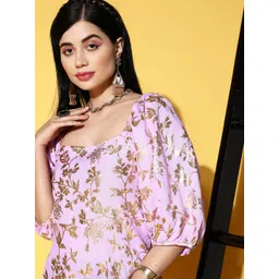 Anouk Women Lavender & Golden Floral Printed A-Line Midi Dress-picture-12