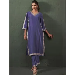 Anouk Women Lavender Silk Blend Embroidered Co-Ords-picture-13